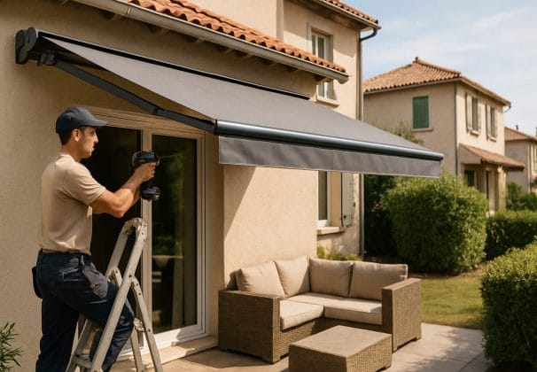 Pose d'un store banne gris sur la terrasse d'une maison